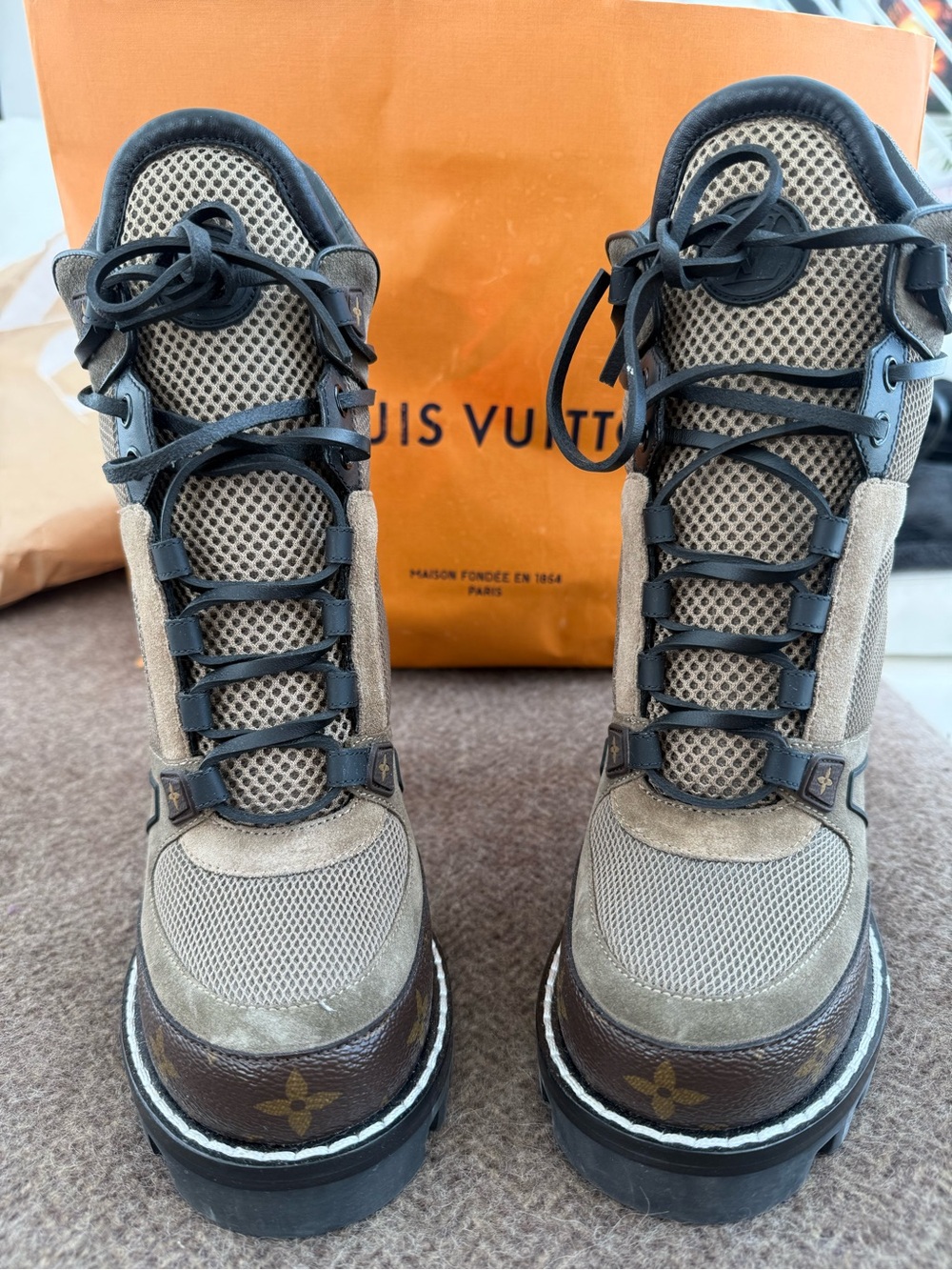 Louis Vuitton Beige, Brown & Black Monogram Lug Boots